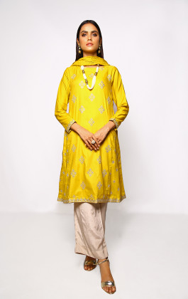 Mustard 2 PCs Screen Print Embroidered
